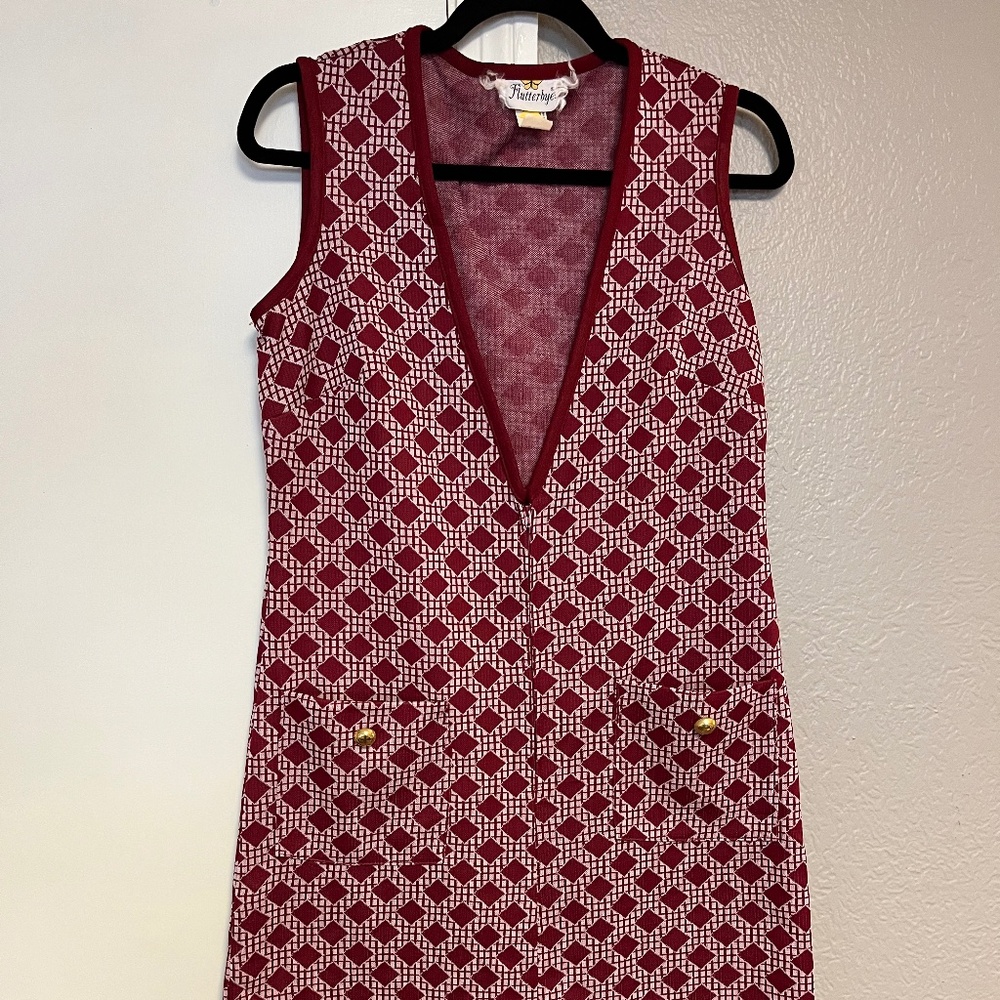 SOLD Vintage 1960s Red & White Diamond Pattern Mini Dress with Pockets - Picture 1 of 10